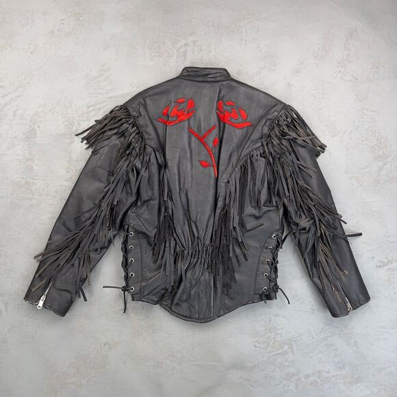 Vintage 1990s Leather 2000 Fringed Leather Jacket w/ Suede Detailing Women's M - Picture 6 of 6